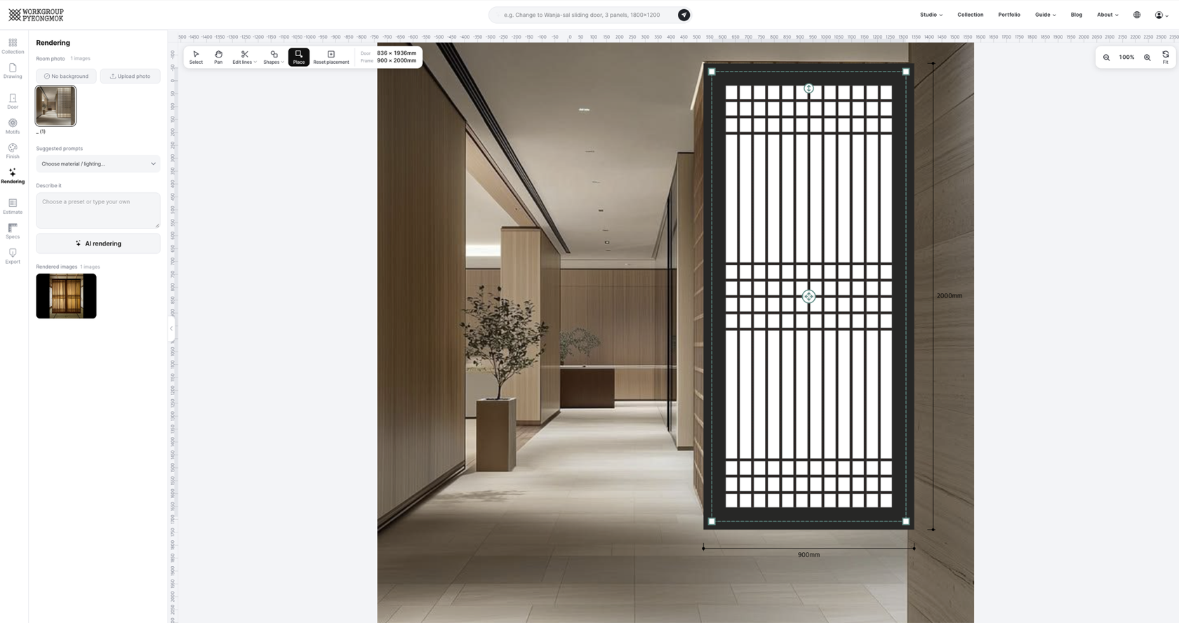 Rendering tab open in the Se-sal studio — Room photo, Suggested prompts, Describe it, the AI rendering button and Rendered images in the panel, with the drawing fitted into the room photo in Place mode on the canvas