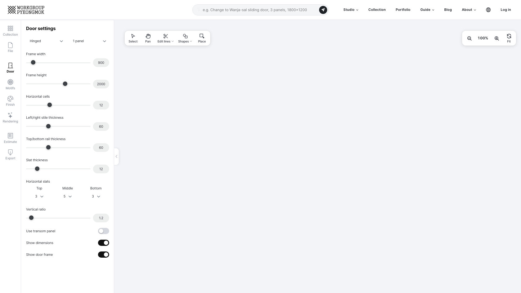 Se-sal studio layout — menu tabs on the left with the door settings panel open, canvas in the center, toolbar above the canvas