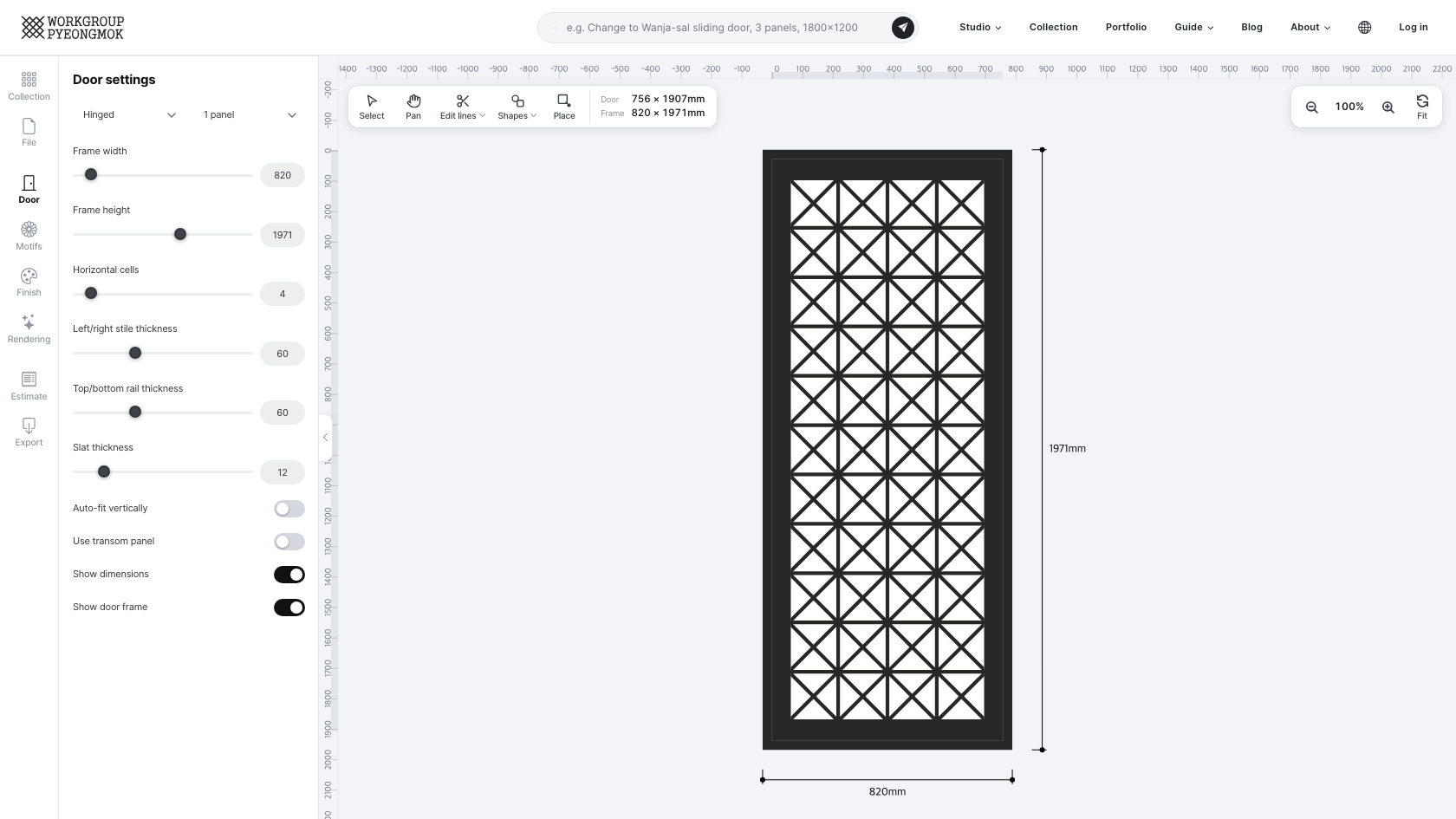Gyeokja-bit-sal studio layout — menu tabs on the left with the door settings panel open, canvas in the center, toolbar above the canvas