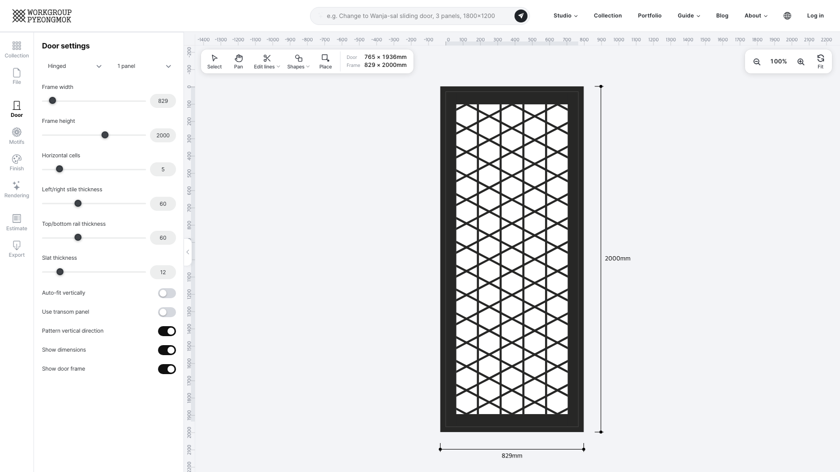 Yukmo-sotgeul-sal studio layout — menu tabs on the left with the door settings panel open, canvas in the center, toolbar above the canvas