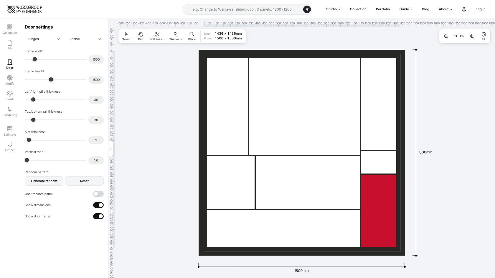 Mondrian studio layout — menu tabs on the left with the door settings panel open, canvas in the center, toolbar above the canvas