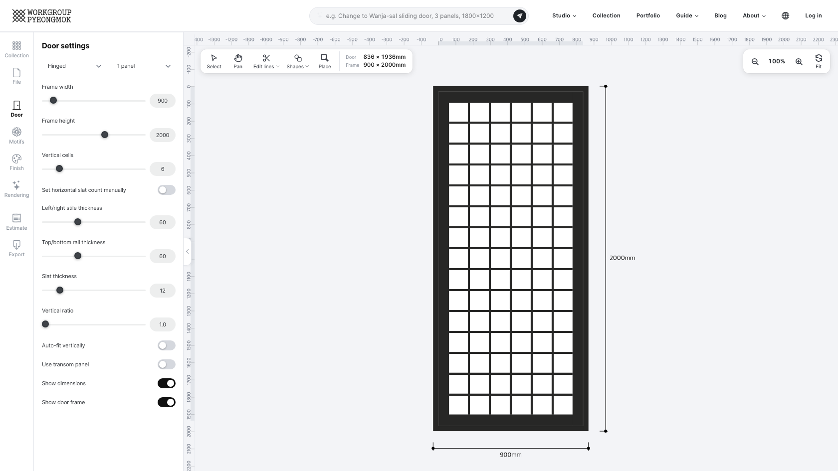 Jeongja-sal studio layout — menu tabs on the left with the door settings panel open, canvas in the center, toolbar above the canvas